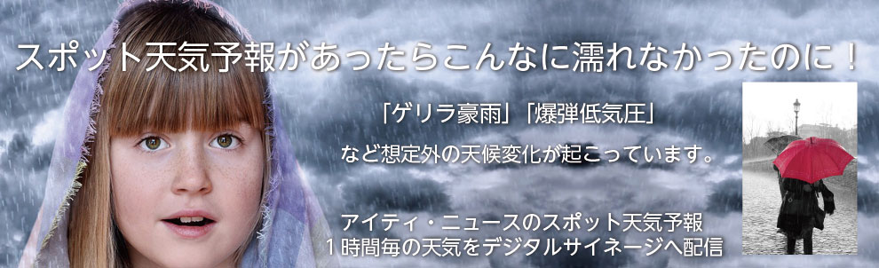 ゲリラ豪雨など、1時間毎、6時間先まで　毎時の天気、気温、降水確率、風速、風向を配信