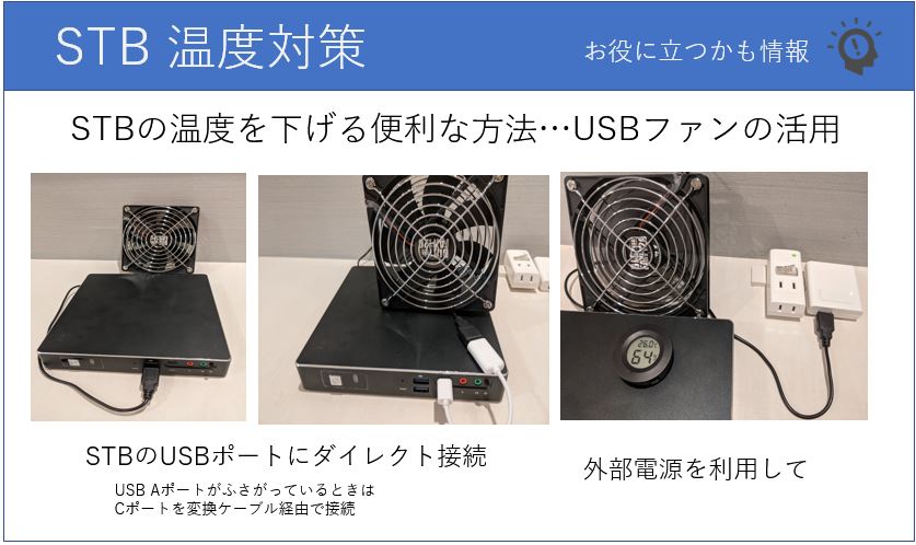 STBの温度対策で悩んでませんか？安価なUSBファンを利用する方法があります。